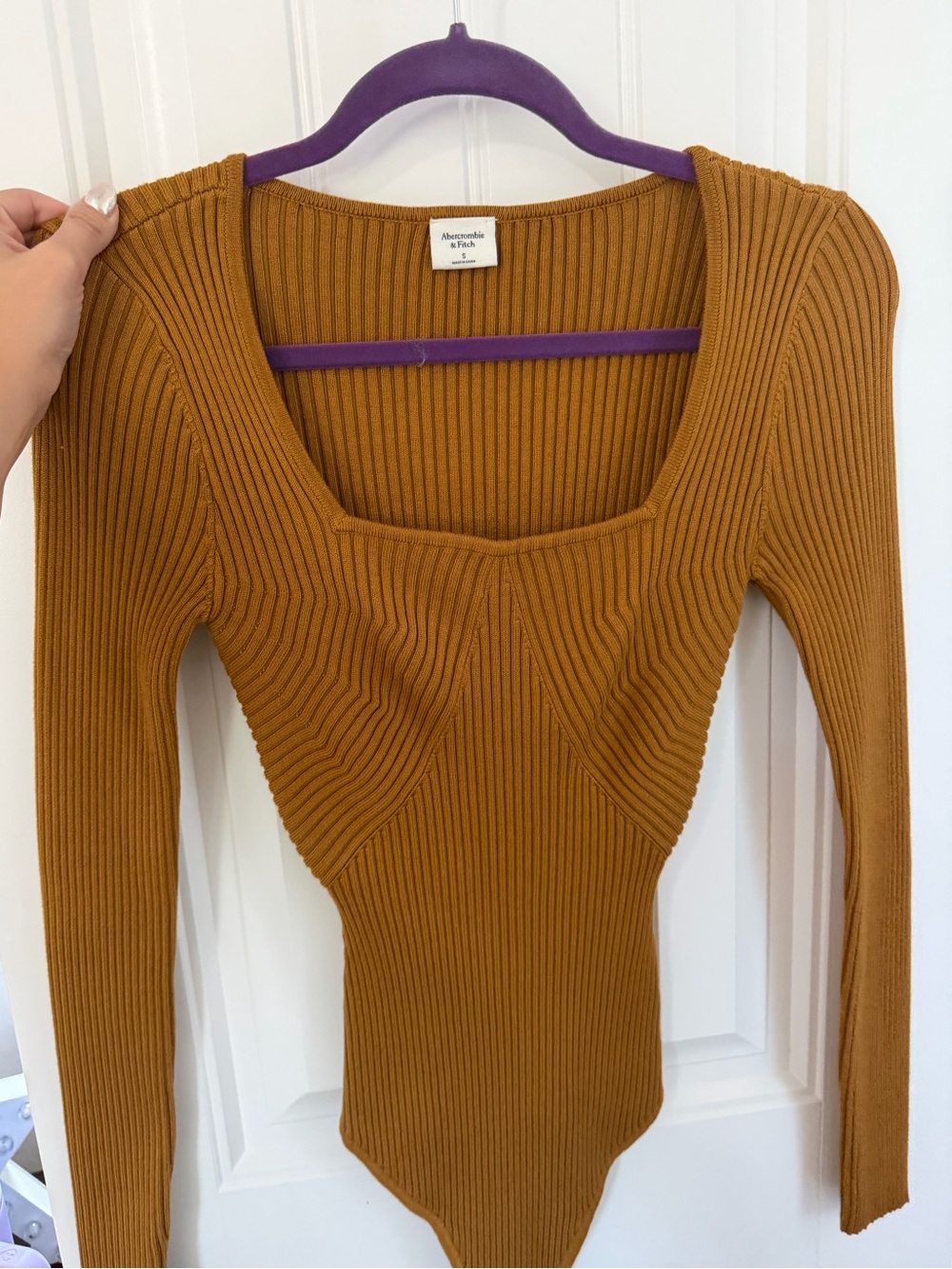 Abercrombie & Fitch Ribbed Square-Neck Long Sleeve Bodysuit in Mustard